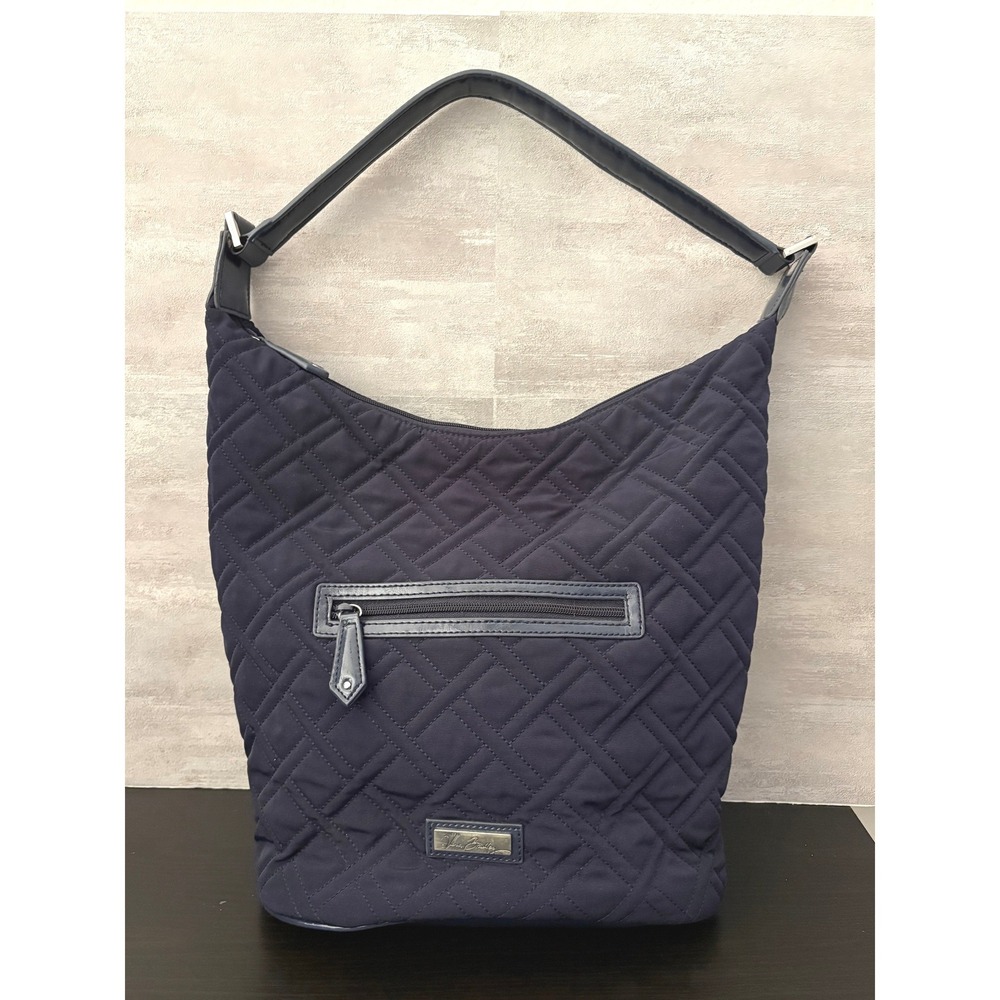 Vera Bradley Women Hobo Bag Quilted Microfiber Medium Navy Blue Zip Shoulder Bag